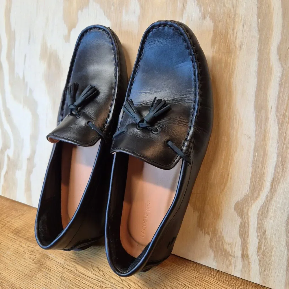 Lacoste Piloter Tassel Loafers Size Men's US 7.5 Womens US 9 Black Leather Shoes